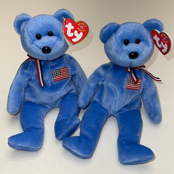 TY BEANIE BABIES (2) Blue AMERICA Stuffed Animal Teddy Bears - Picture 1 of 3